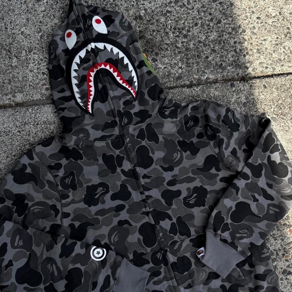 Bape Men's Black & Gray Shark Camo Zip-Up Hoodie